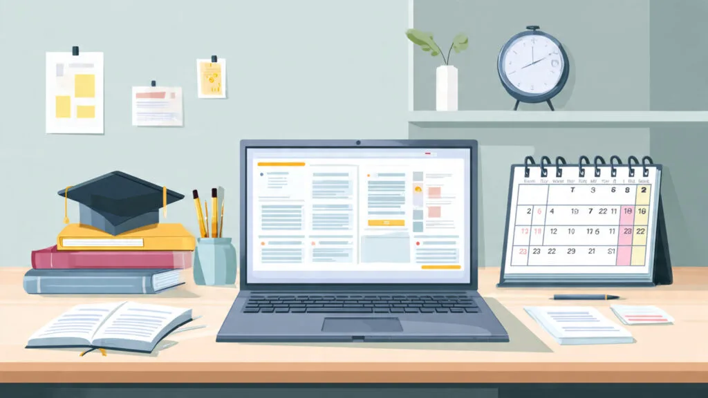 15 Shortest Online Doctoral Programs To Know About For 2026 Laptop displaying an online doctoral program dashboard with academic books, graduation cap, and calendar representing accelerated online doctoral education.