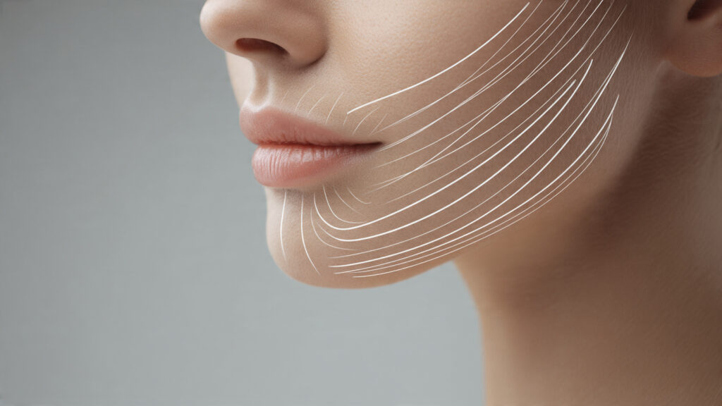 A clean, professional medical illustration showing fine cosmetic threads placed beneath facial skin layers, highlighting collagen stimulation and gentle lifting. Neutral tones, clinical setting, no text or labels.