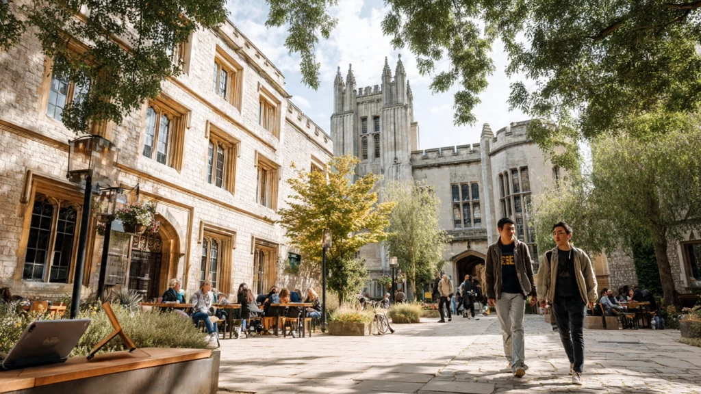 Top Psychology Scholarships To Study In Europe A picturesque European university campus courtyard with international students walking and chatting