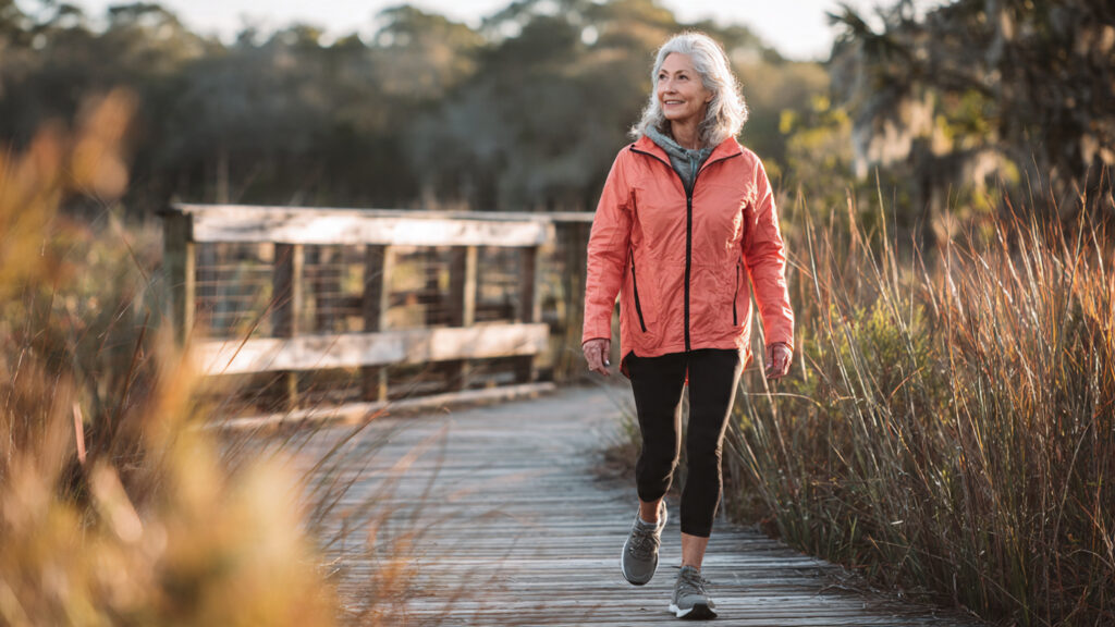 A realistic lifestyle image of an active adult over 60 enjoying a morning walk in natural light, showing confidence, vitality, and calm surroundings. No text, no logos, no overlays.
