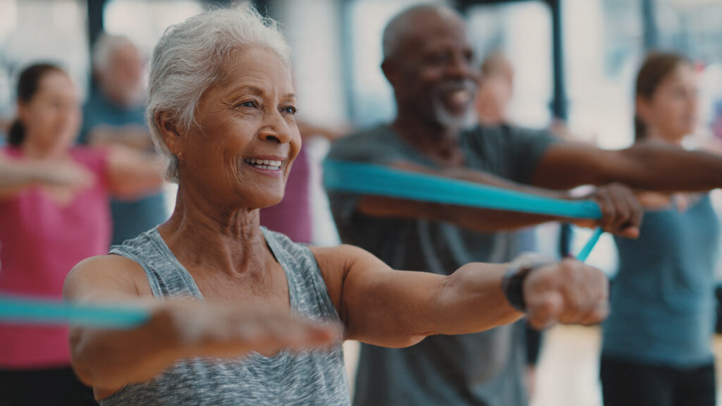 A diverse group of adults over 50 performing joint-friendly exercises in a bright gym setting: water aerobics, resistance band strength training, and gentle stretching. Natural lighting, calm atmosphere, realistic photography, no text or logos.
