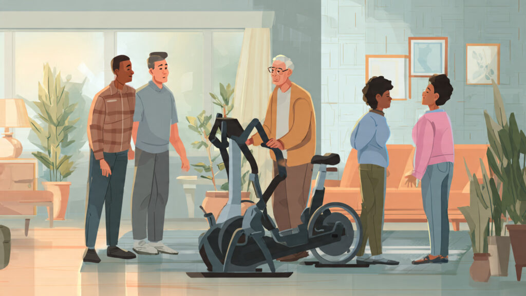 A hopeful scene showing diverse adults working with stroke rehabilitation tools at home — a modern robotic gait trainer, an exercise bike, and a hand rehab device — in a well-lit living room. Realistic, supportive, no text.

