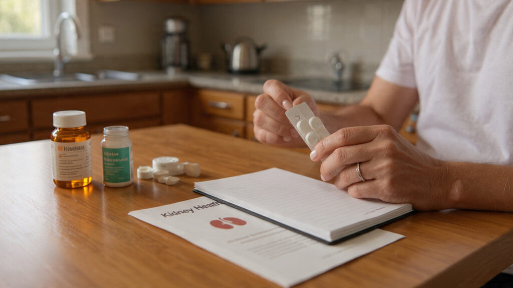 A realistic, warm-toned photo of a person at a kitchen table reviewing prescription bottles and an over-the-counter pain reliever box beside a notepad labeled “Kidney Health,” with a subtle kidney icon on a medical brochure, soft natural window light, shallow depth of field, high clarity, editorial healthcare style.
