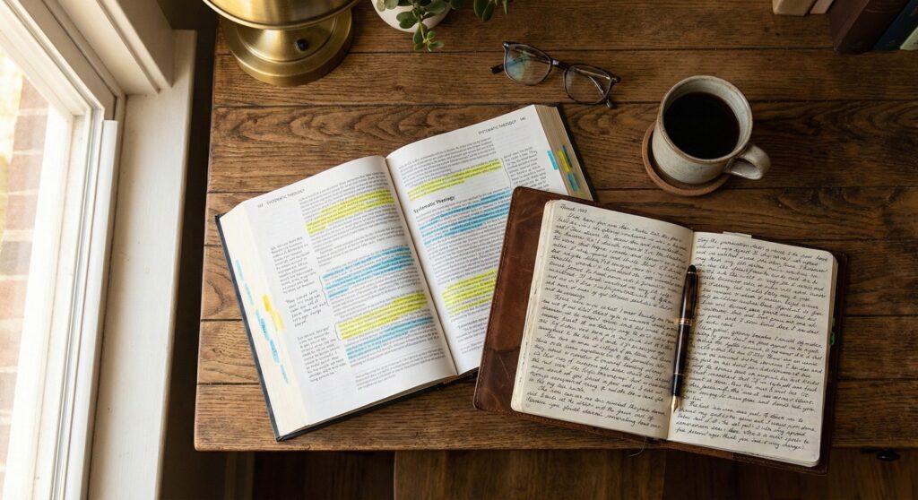 Mastering Theology How To Learn Reflect And Grow On Your Own A study desk featuring an open theology textbook, a journal for reflection, and coffee, illustrating how to study theology at home.