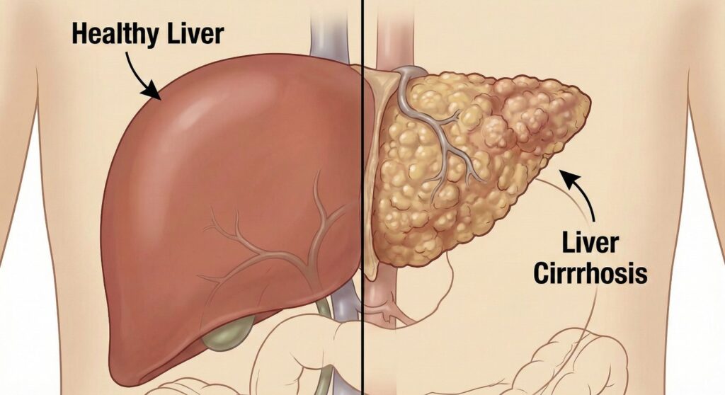 Liver Cirrhosis Awareness Common Warning Signs Medical illustration comparing a healthy human liver with a scarred, nodular liver showing signs of cirrhosis.