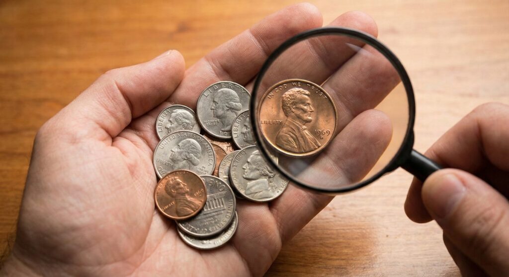 Look For These 5 Potentially Valuable Coins In Your Change A person using a magnifying glass to look for these 5 potentially valuable coins in your change, focusing on a rare 1969 penny.
