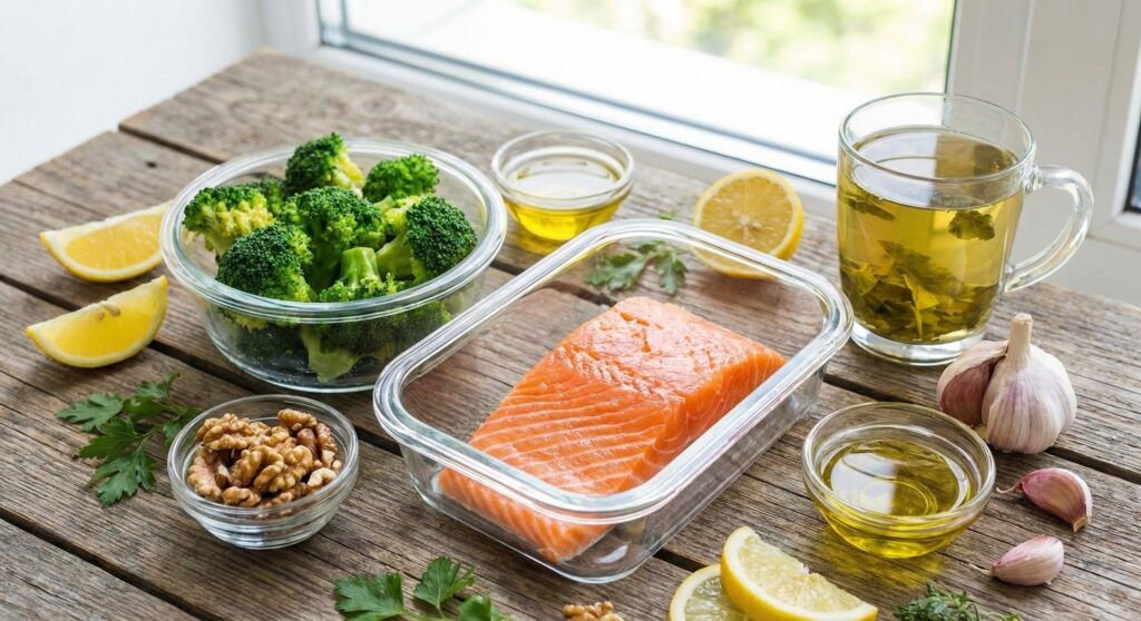 Top Foods That May Support Liver Health For Fatty Liver Healthy foods for fatty liver including salmon, broccoli, walnuts, and green tea arranged on a table.