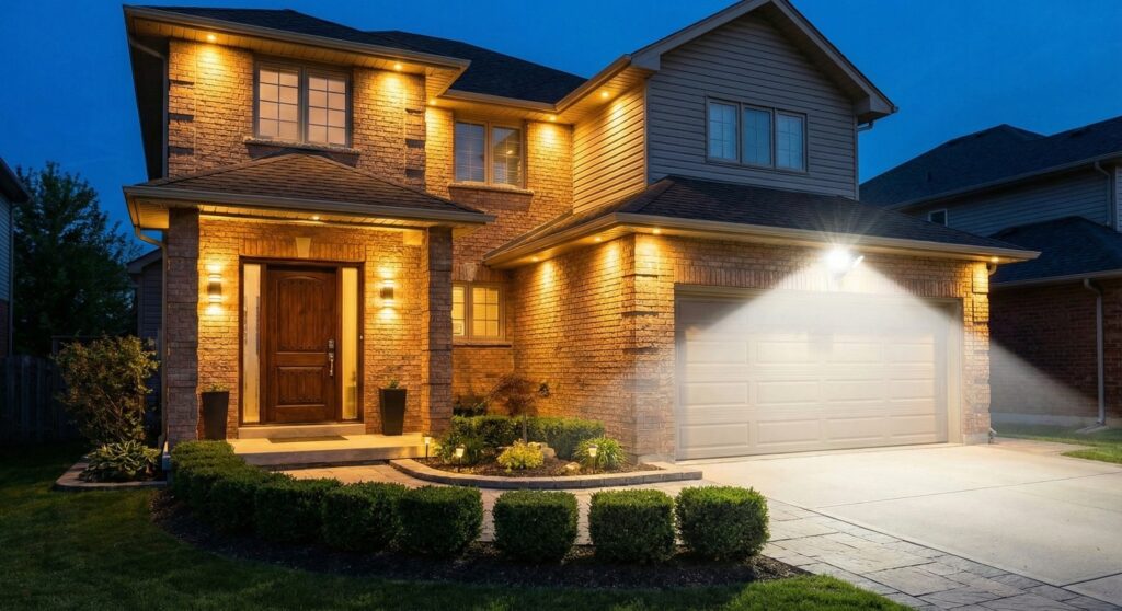 A well-lit residential home exterior featuring modern lighting, trimmed landscaping, and high security front doors for home safety at night.