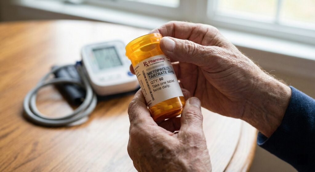 Hands holding a Metoprolol prescription bottle next to a blood pressure monitor, illustrating concerns about medication intolerance symptoms.