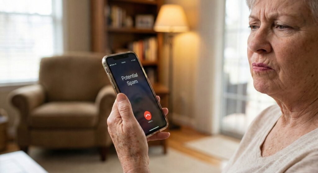 Awareness Guide To Common Phone Scams Impacting Seniors Senior citizen looking skeptically at a phone screen displaying a potential scam call, illustrating awareness of phone scams targeting seniors.