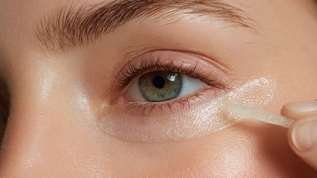 A person applying a melting collagen strip for under eye bags as part of a skin revitalization routine.