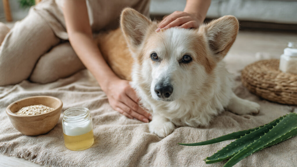 Dog owner using gentle household remedies to soothe dry, itchy dog skin at home