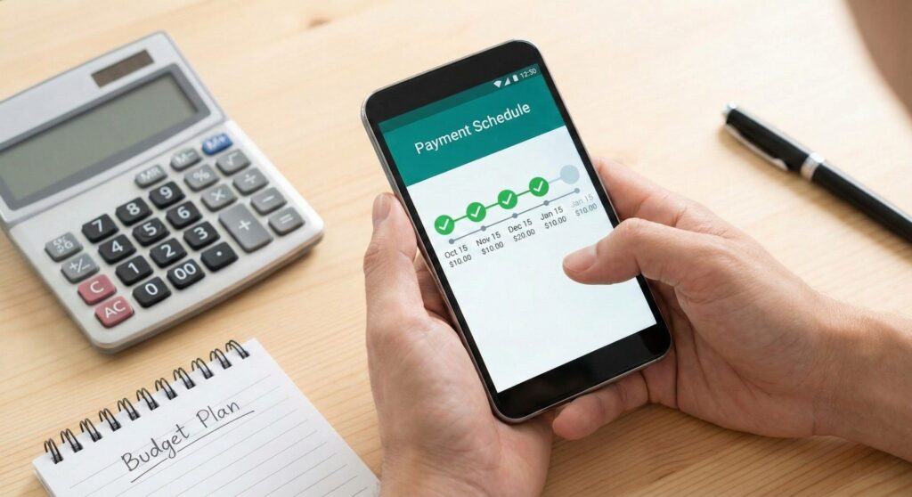 Overview Of Pay Later Loans Main Features And Benefits Smartphone screen showing a pay later loan repayment schedule with a calculator and budget planner on a desk.