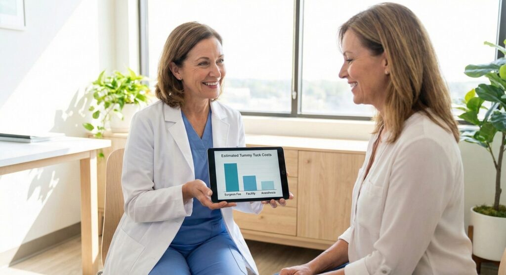 A Guide To Tummy Tuck Costs And Fees For 2026 Doctor discussing tummy tuck pricing breakdown with a patient in a consultation room.