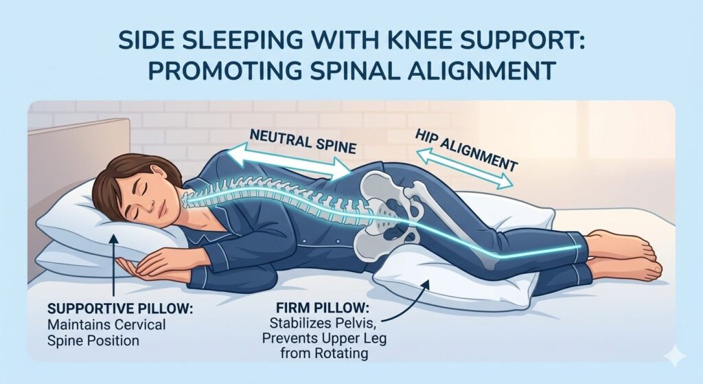 Sleeping Positions That Actually Help Relieve Sciatica Pain A diagram showing a person sleeping on their side with a firm pillow between their knees, with arrows indicating the neutral alignment of the spine and hips.