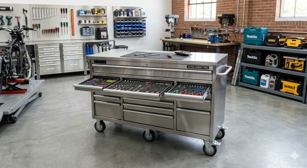Shop Tool Box Like A Pro A Practical Buying Guide A clean, organized workshop with a large, professional-grade stainless steel tool chest in the center, featuring open drawers and high-quality casters.