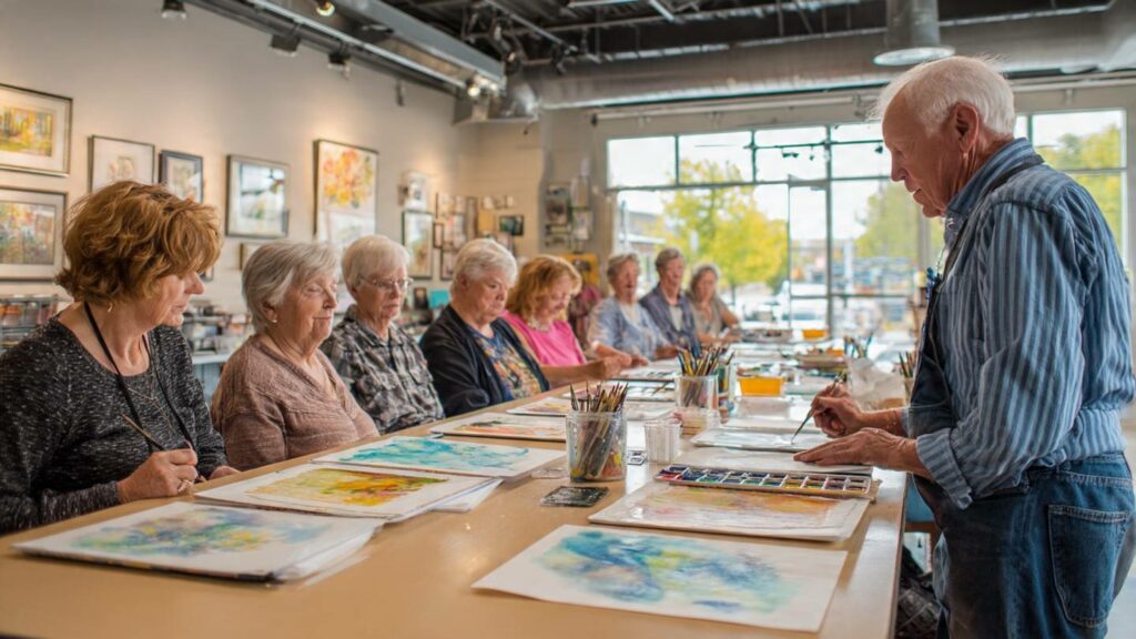 Senior Friendly Art Classes For Lifelong Learning And Unlocking Creativity A group of older adults participating in an art class for seniors, focusing on creative aging and social connection.
