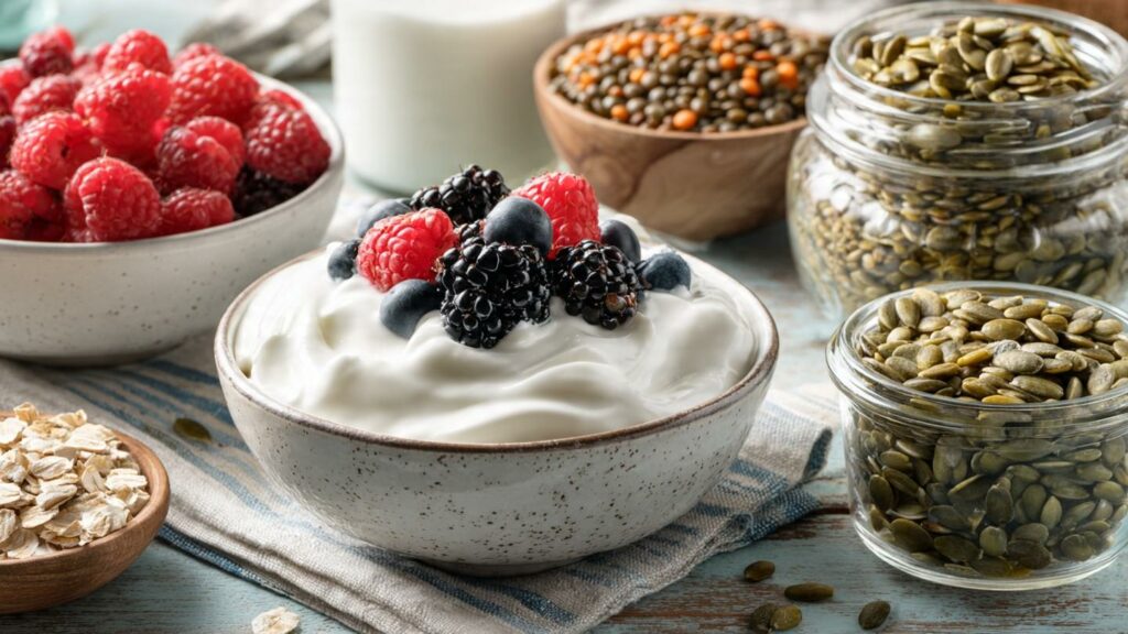 Surprising Protein Foods Often Suitable For Senior Diets A variety of high-protein foods for seniors including Greek yogurt, lentils, and quinoa on a sunny kitchen table.