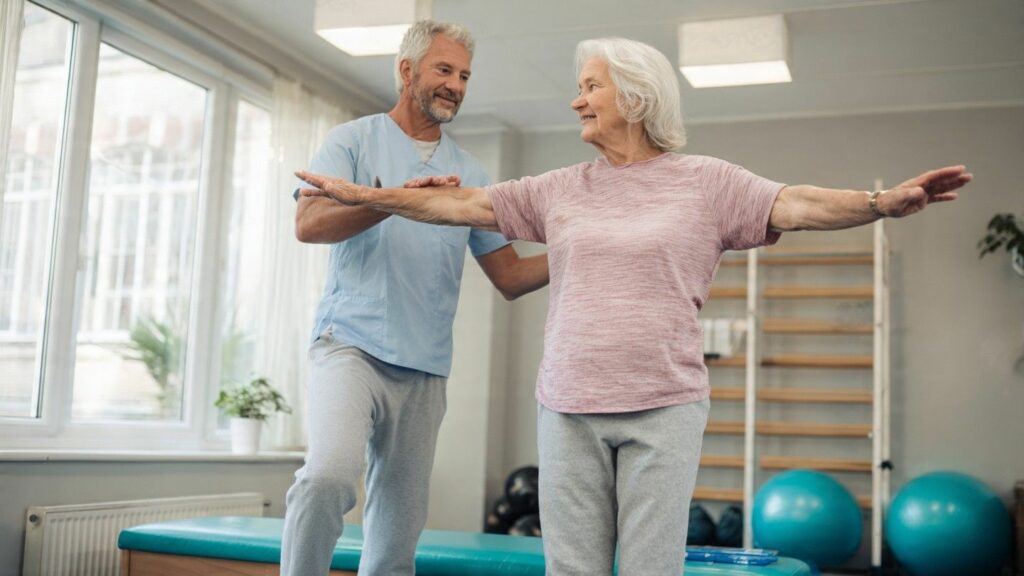 A calm, bright medical office where a senior is practicing balance exercises with a professional trainer, emphasizing a sense of confidence and safety.