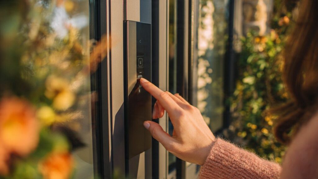Glass Window Security Tips Experts Recommend For Modern Homes A close-up of a modern, stylish front door with a vertical glass side lite being inspected by a homeowner, showing the thickness of the security glass.