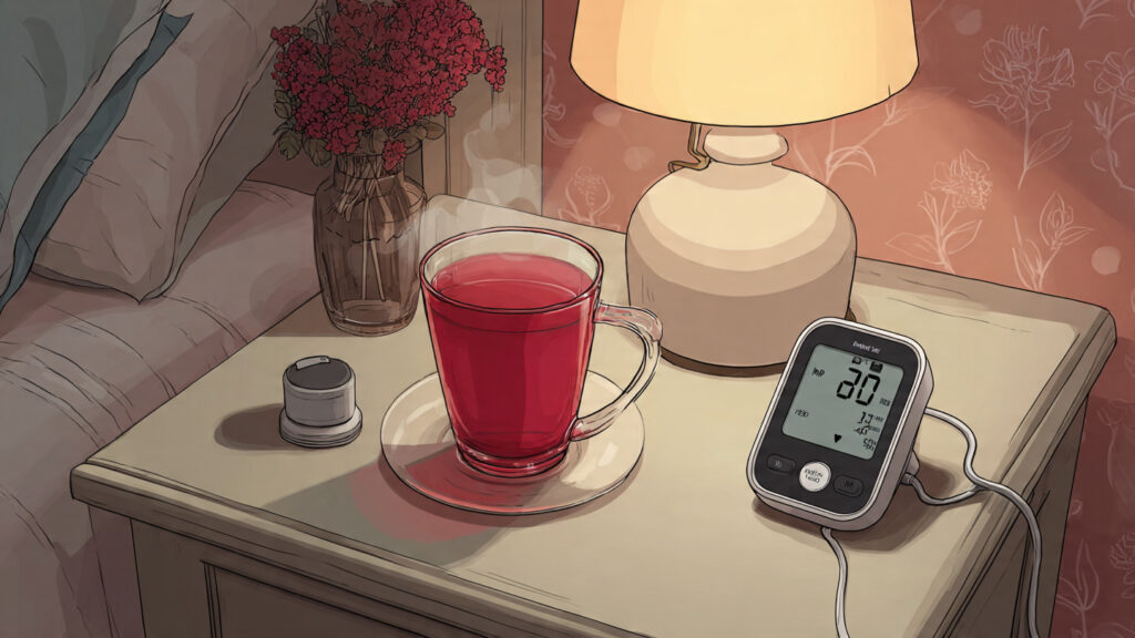 Sip This Before Bed For Normal Bp By Morning A healthy BP drink like hibiscus tea on a nightstand next to a blood pressure monitor in a relaxing evening setting.
