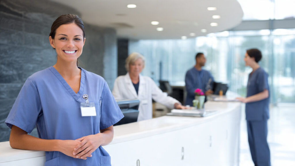 Entry Level Hospital Jobs For Beginners 2 A hospital environment showing staff in entry-level roles such as front desk, patient assistance, and support services working together