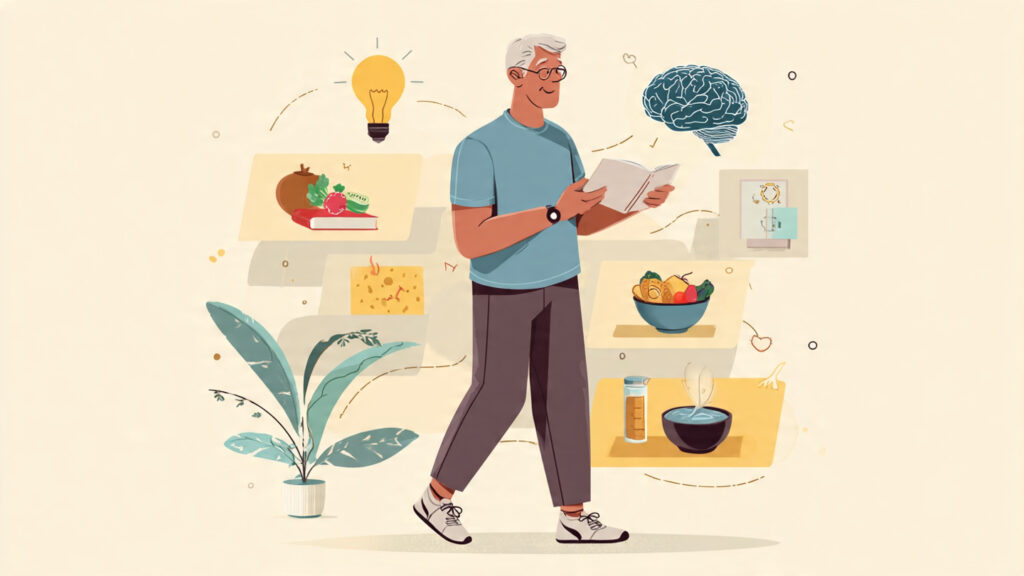 A middle-aged person engaging in healthy lifestyle activities such as walking, reading, and preparing nutritious food to support brain health