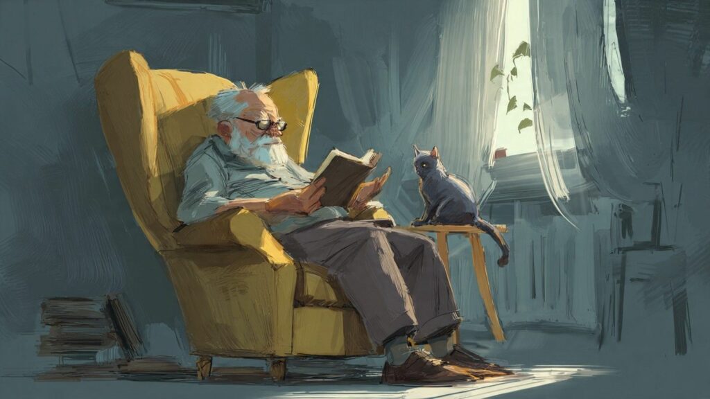 The Essential Guide To Companion Pets For Seniors A senior man enjoying a quiet afternoon with his cat, illustrating a perfect companion for elderly people.
