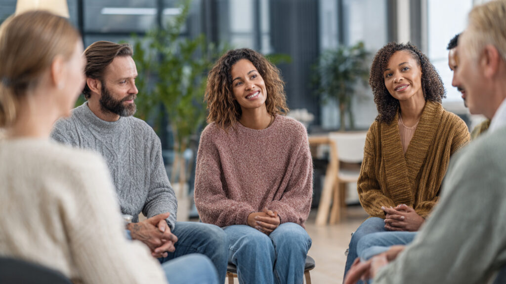 5 Common Mistakes To Avoid When Supporting Someone With Addiction A supportive family group sitting in a circle during a therapy session, with a focus on a counselor guiding a calm and respectful conversation.