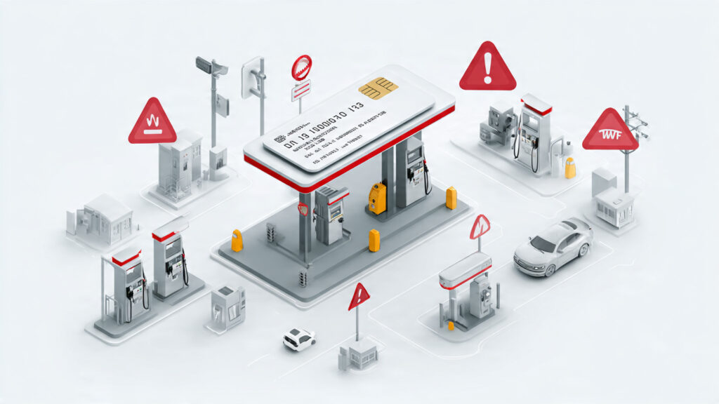 Think Before You Swipe 7 Places To Avoid Debit Cards A visual showing a debit card with warning icons over locations like gas pumps, public Wi-Fi, and ATMs to represent risk areas