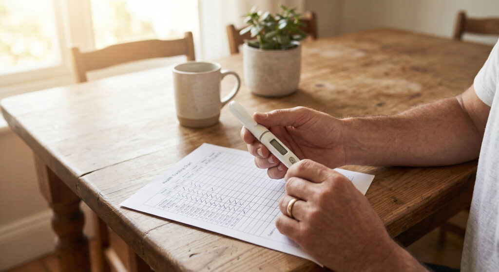 A person reviewing a health tracking chart to avoid common insulin injection errors during their daily routine.