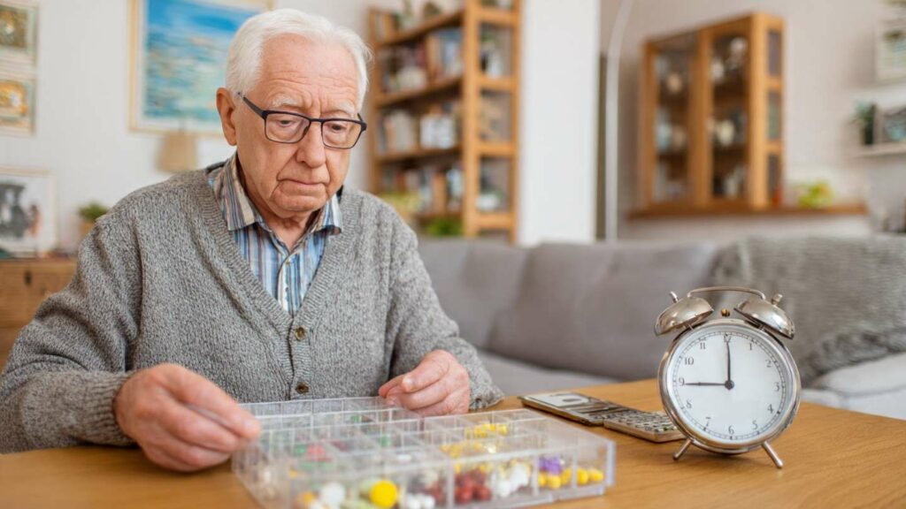 Key Carbidopa Levodopa Timing Mistakes To Avoid Elderly Parkinson’s patient checking medication schedule with pill organizer and clock, calm home setting