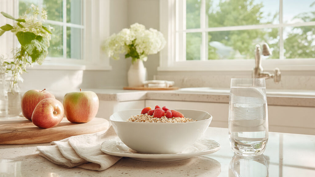 A bright, calm morning kitchen scene in a modern U.S. home. A healthy breakfast setup with oatmeal, fruit, and water on a clean countertop.