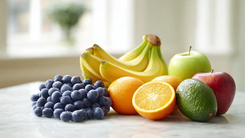 A bright kitchen table displaying blueberries, oranges, bananas, apples, grapes, and avocados arranged neatly, natural daylight, clean background, realistic photography, no text or logos.
