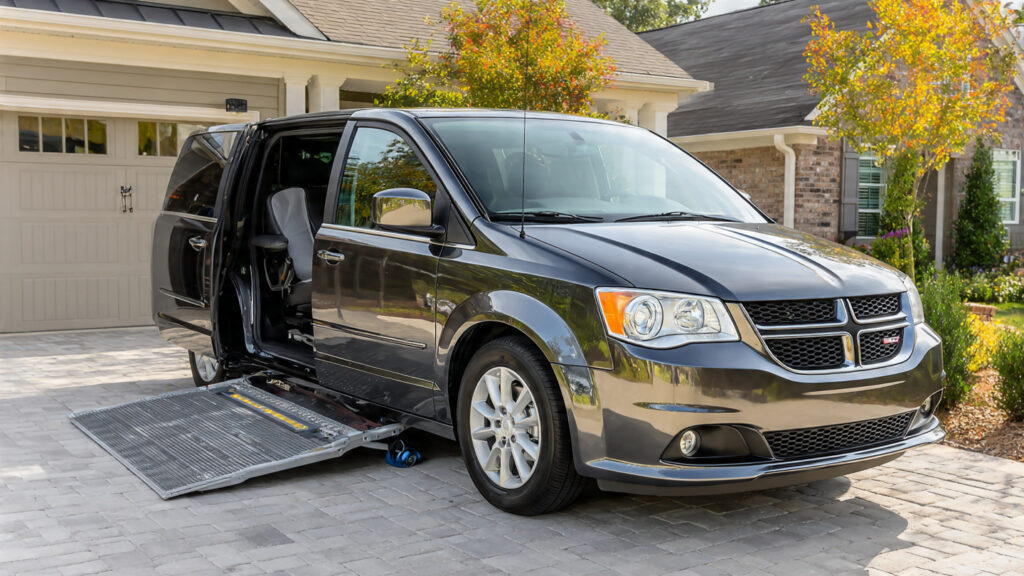 A clean, modern used handicap van parked in a suburban driveway with a side-entry wheelchair ramp deployed, showing easy access and spacious interior; natural daylight, realistic photography, no text or logos.