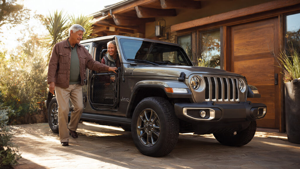 A realistic, well-lit outdoor scene showing an older adult couple comfortably getting into a modern Jeep SUV.