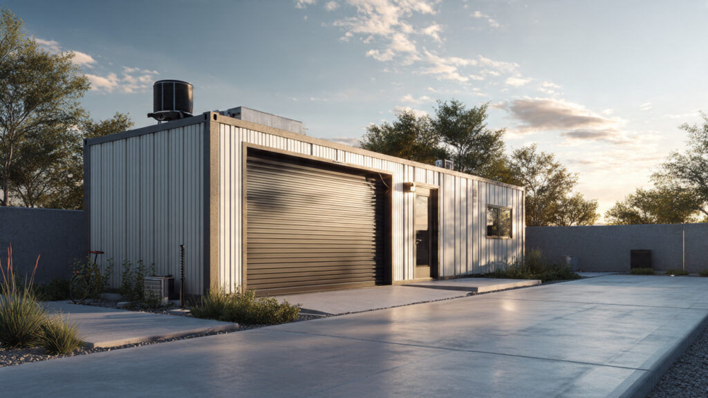 Photorealistic suburban driveway scene at golden hour featuring a modern shipping container garage conversion: a single 40-foot container modified with a wide roll-up garage door, a separate pedestrian door, subtle exterior paint, minimal landscaping, and a compact concrete slab foundation.