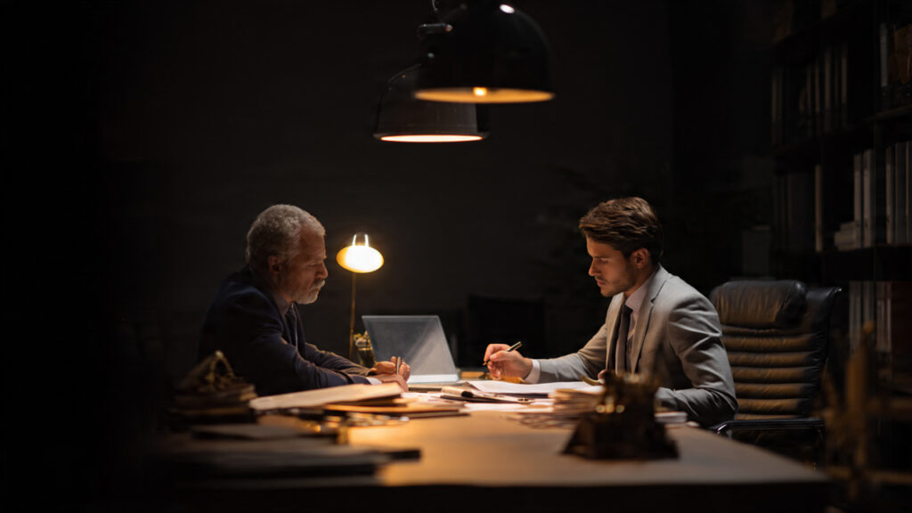 Professional legal consultation scene showing a lawyer and client reviewing documents at a desk, neutral office setting, modern lighting, realistic photography, no text or logos.
