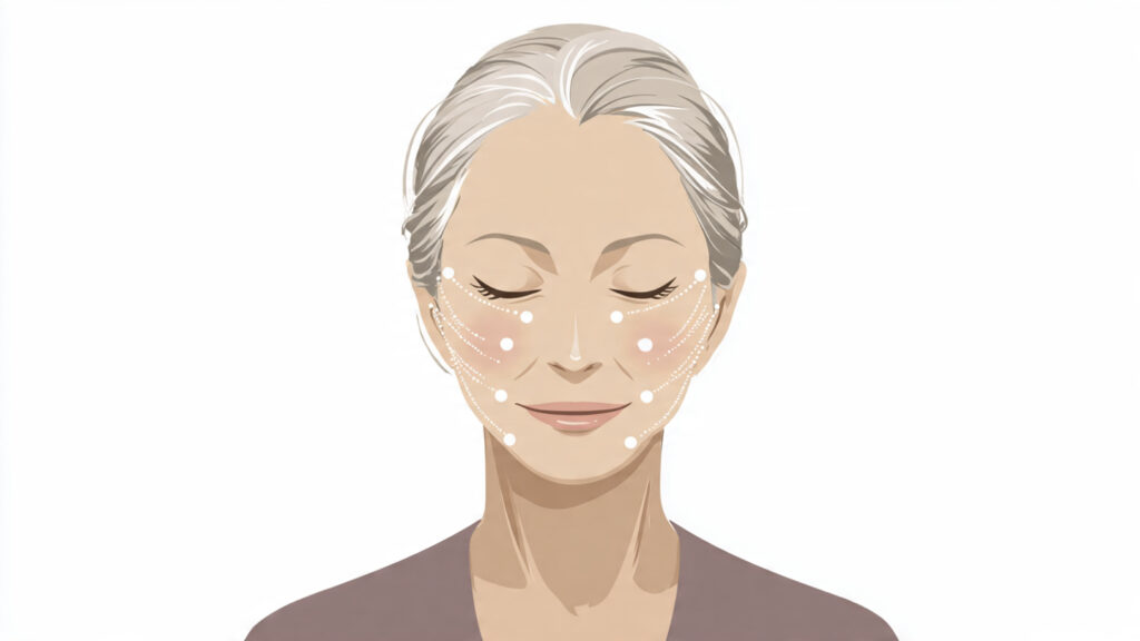 A calm, clinical-style illustration of a senior woman’s face with soft light indicating laser skin rejuvenation zones. Neutral tones, medical-educational style, no text, no branding, no clinic setting.
