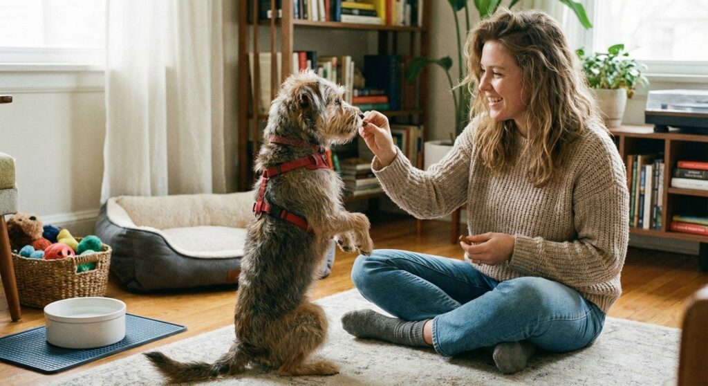 A woman sits on the floor greeting her newly adopted small dog with supplies like a bed and toys in the background.
