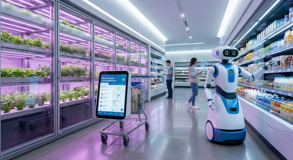 Futuristic grocery store aisle with smart carts, vertical farming units, and inventory robots representing the shopping experience of 2030.