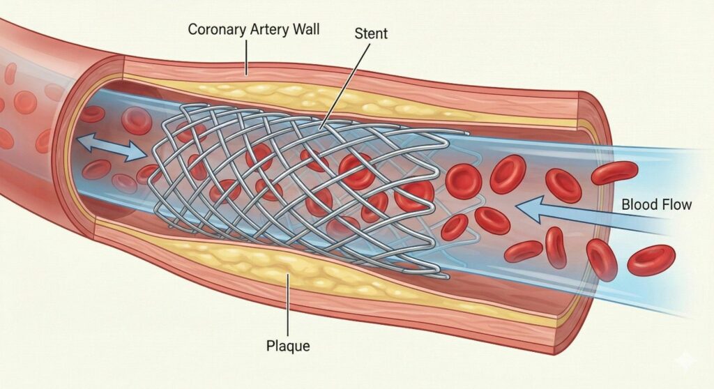 Facts About Heart Stents Longevity And Maintenance Illustration of a heart stent keeping a coronary artery open to restore blood flow and ensure longevity.