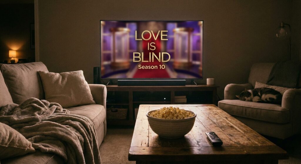TV screen displaying Love Is Blind Season 10 on Netflix, ready for a weekend binge in a cozy living room.