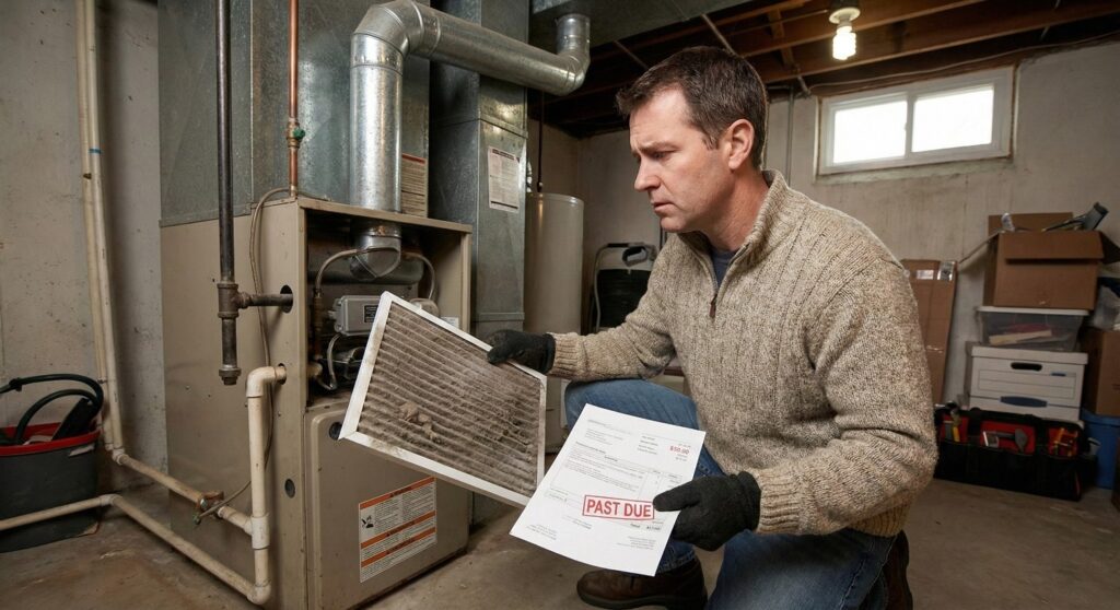 A homeowner inspects a dirty furnace filter while reviewing a high heating bill, illustrating hidden factors affecting heating costs.