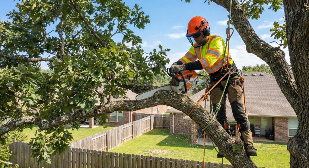 Professional arborist safely cutting a large tree branch using a chainsaw and safety harness.