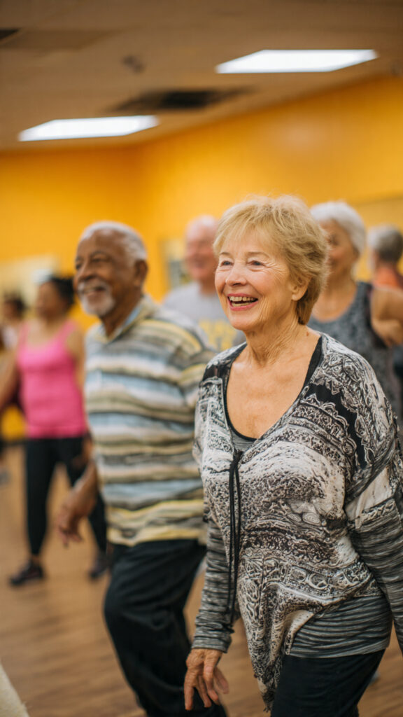 Zumba For Seniors Simple Guide To Get Started Group of seniors happily dancing in a Zumba Gold class to stay active and healthy.