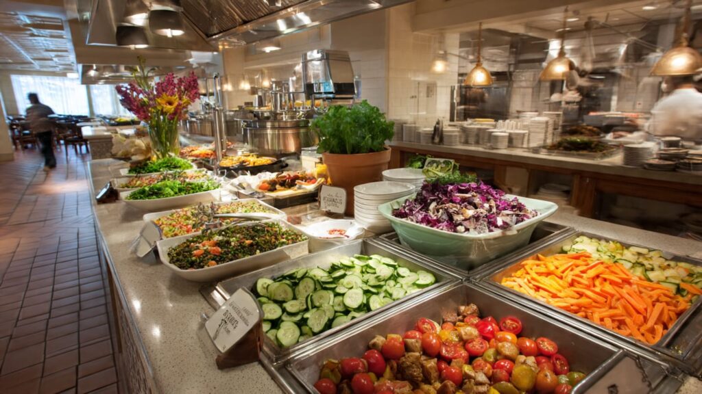 A senior-friendly dinner buffet featuring a variety of healthy and easy-to-eat food options.