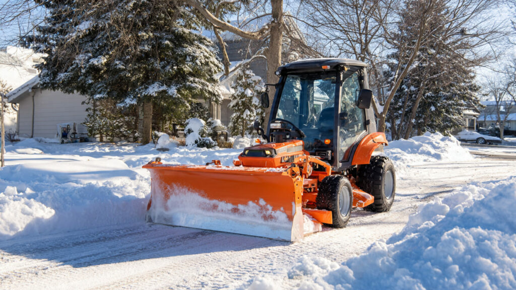 A residential zero-turn lawn mower with a snow plow attachment ready for winter use.