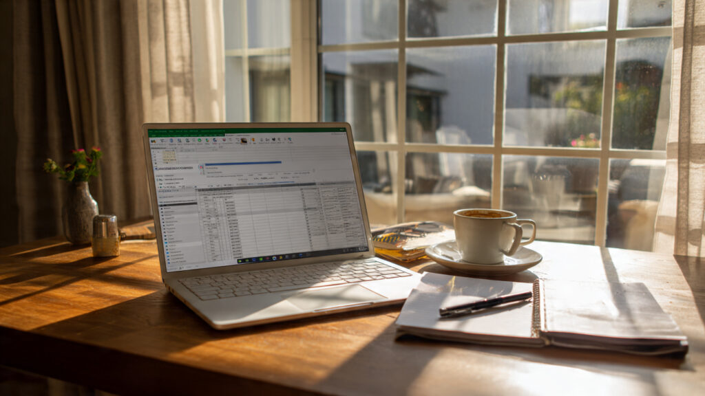 How To Find Remote Data Entry Jobs And Work From Home A well-organized home office desk with a laptop displaying a spreadsheet for remote data entry work.