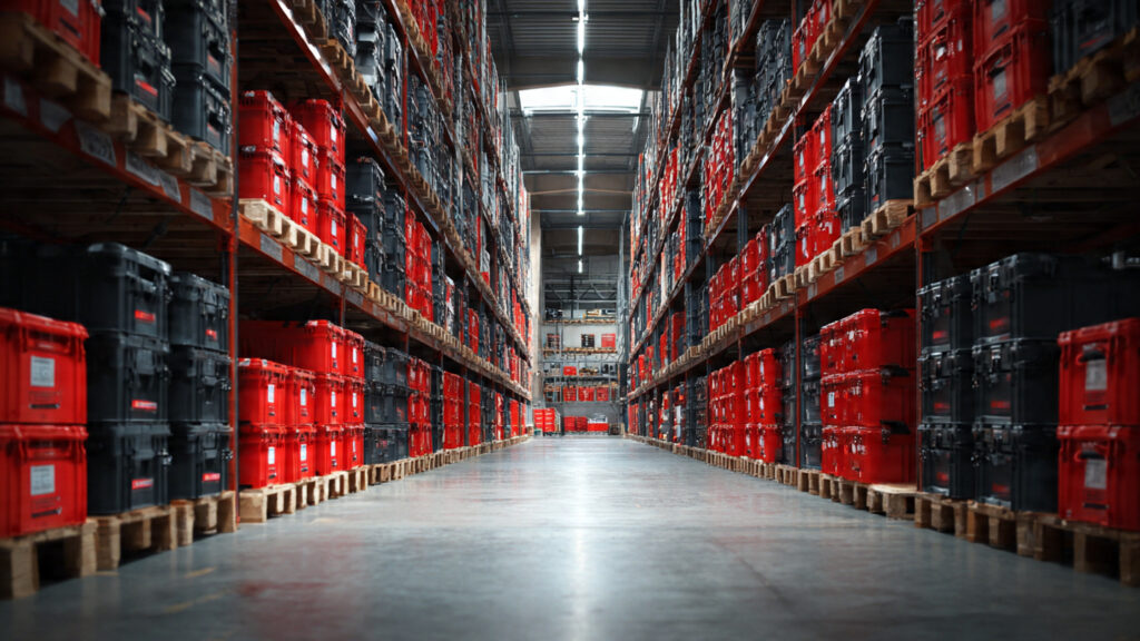 What Happens To Unsold Tool Chests After Major Sales Brand-new unsold tool chests stacked on pallets in a retail distribution warehouse.